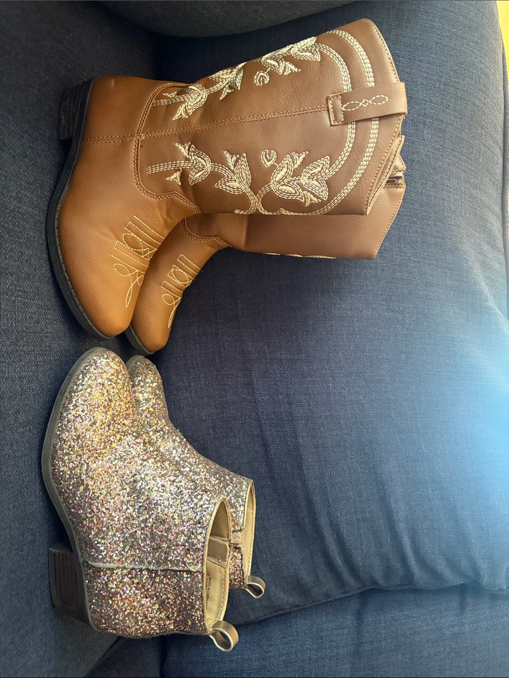 Pair of Brown Western Boots and Multicolor Glitter Ankle Boots